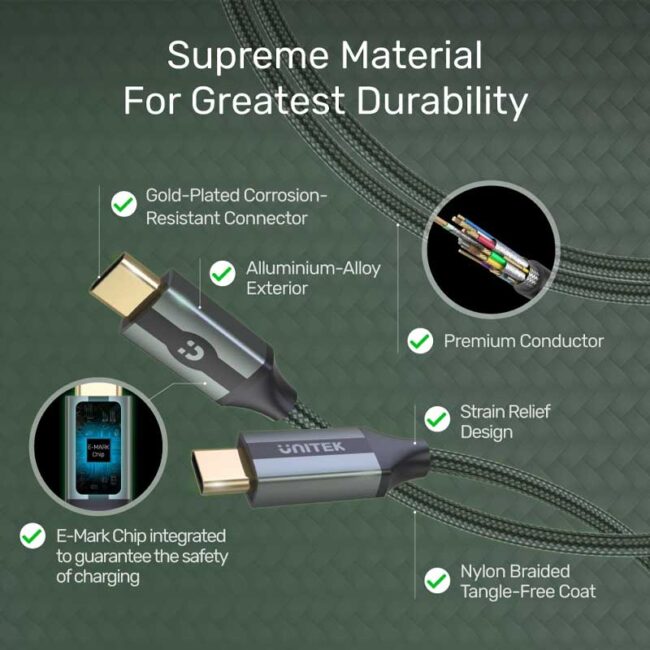Unitek C14079GN USB-C Cable 1m braided With 4K 60Hz, 10Gbps Data  & PD 100W