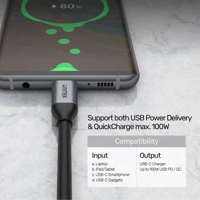 Unitek C14082ABK USB-C Cable 1m With 4K@60Hz, 10Gbps Data & PD 100W