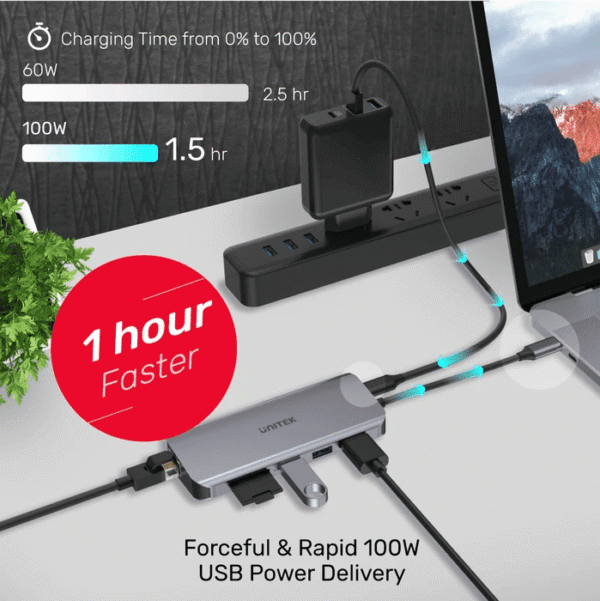 Unitek D1026B 9-in-1 Type-C Hub (USB3.0*3+HDMI+VGA+RJ45+Card Reader+PD 100W) - Image 6