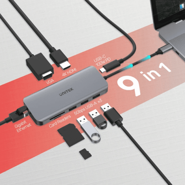 Unitek D1026B 9-in-1 Type-C Hub (USB3.0*3+HDMI+VGA+RJ45+Card Reader+PD 100W) - Image 2