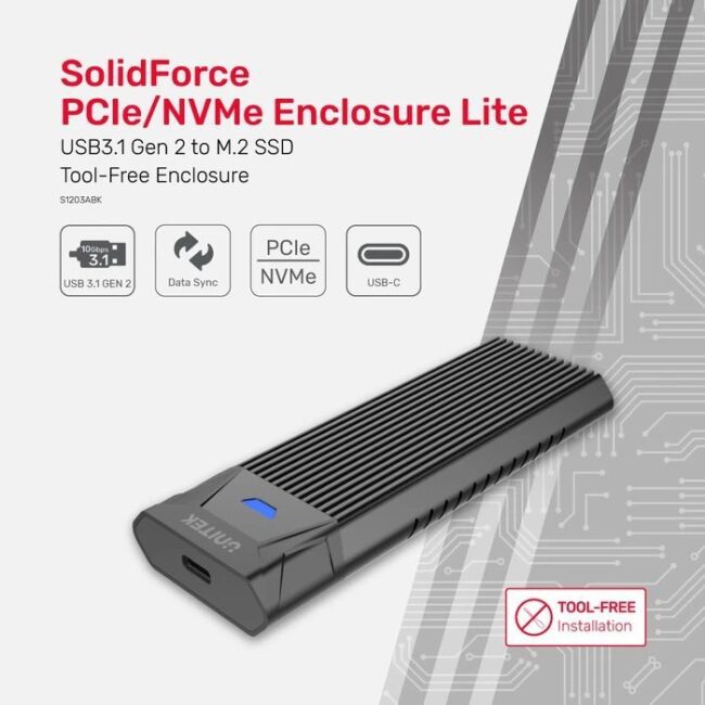 Unitek S1203ABK USB3.1 Gen2 To M.2 SSD Tool-Free (PCIe/NVMe) Enclosure