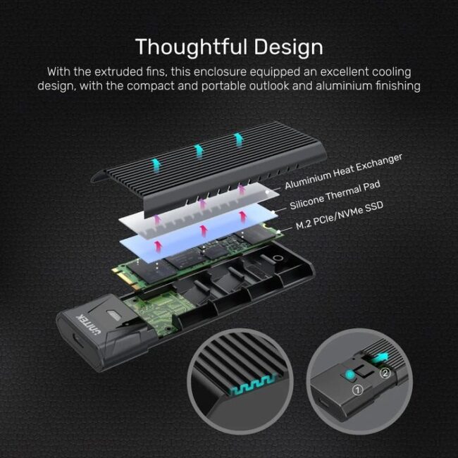 Unitek S1203ABK USB3.1 Gen2 To M.2 SSD Tool-Free (PCIe/NVMe) Enclosure