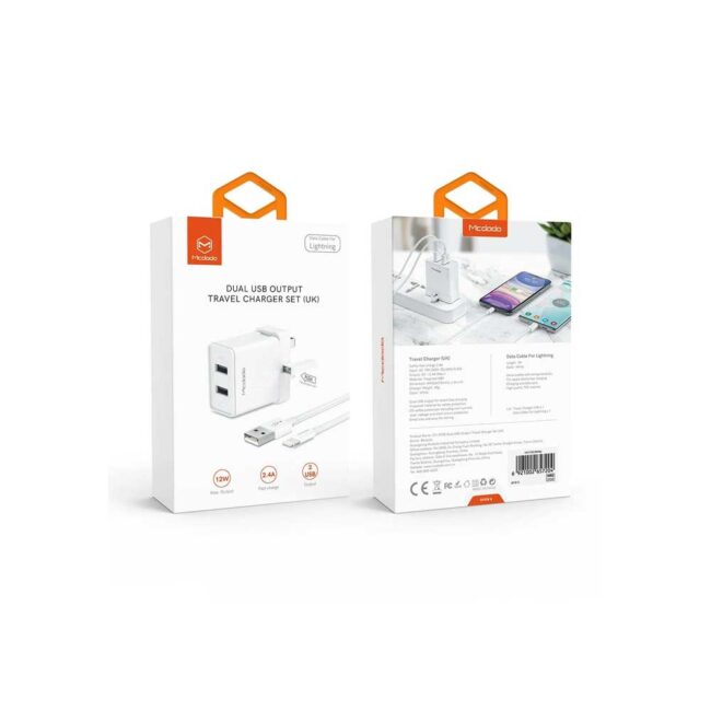 Mcdodo HCH-5720 Dual USB Charger (UK) + 1m Lightning Cable Travel Set