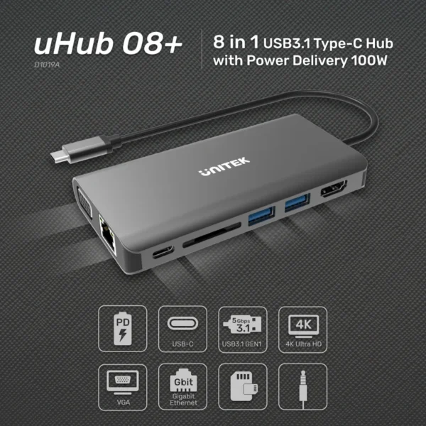 Unitek uHUB O8+ 8-in-1 USB-C Dual Display Hub with USB 5Gbps and PD 100W Charging - Image 5