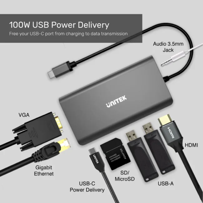 Unitek uHUB O8+ 8-in-1 USB-C Dual Display Hub with USB 5Gbps and PD 100W Charging - Image 2