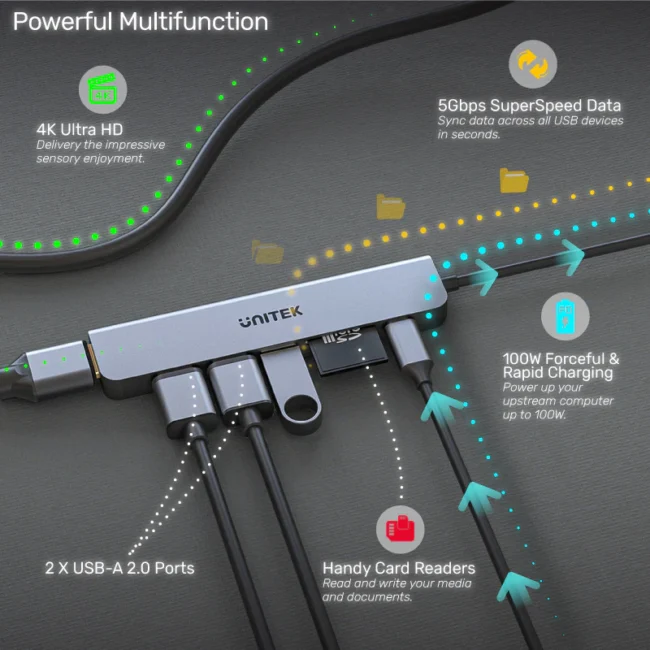 Unitek uHUB S7+ 7-in-1 USB-C 5Gbps Hub with 4K HDMI and 100W Power Delivery - Image 8