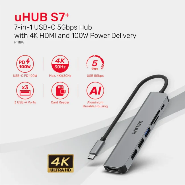 Unitek uHUB S7+ 7-in-1 USB-C 5Gbps Hub with 4K HDMI and 100W Power Delivery - Image 7