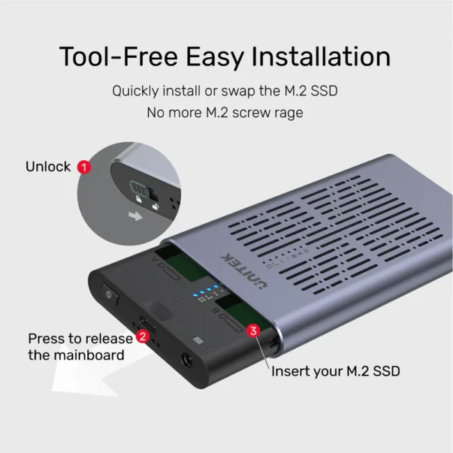 Unitek SolidForce USB-C to PCIe/NVMe M.2 SSD 20Gbps Dual Bay Enclosure with Offline Clone - Image 2