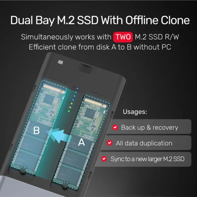 Unitek SolidForce USB-C to PCIe/NVMe M.2 SSD 20Gbps Dual Bay Enclosure with Offline Clone - Image 6