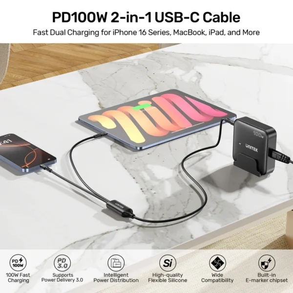 Unitek Type-C to Dual Type-C Charging Cable - 100W Fast Charging - Image 9
