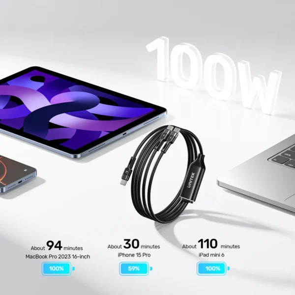 Unitek Type-C to Dual Type-C Charging Cable - 100W Fast Charging - Image 4