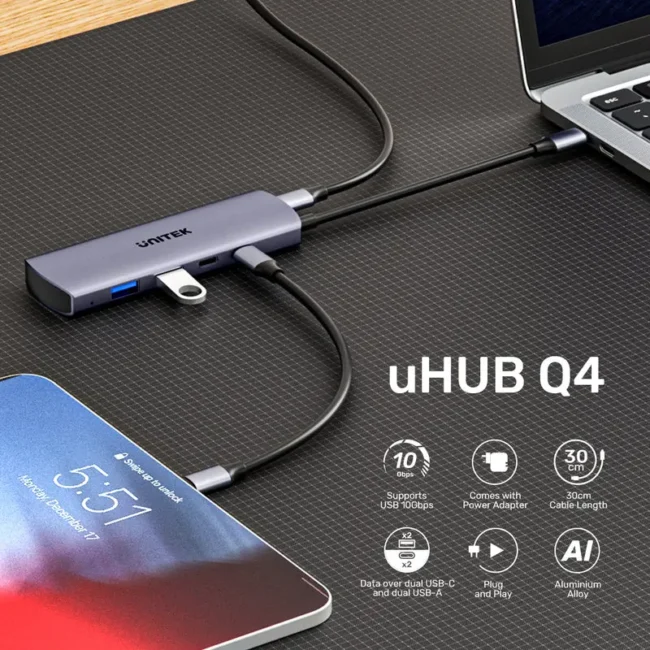 Unitek uHUB Q4 4-in-1 10Gbps USB-C Hub with 2 USB-A & 2 USB-C Ports - Image 5