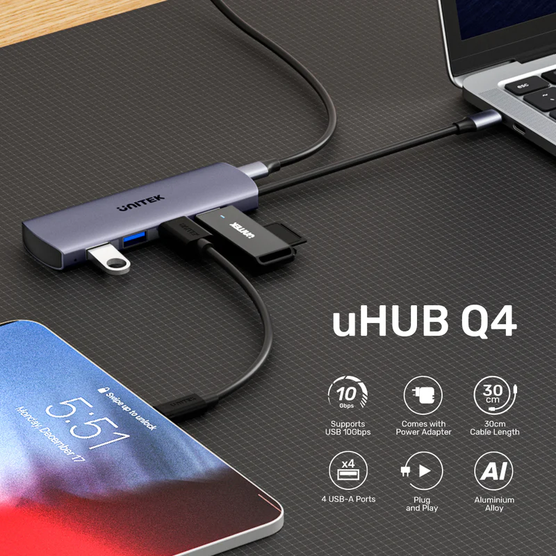 Unitek uHUB Q4 4-in-1 10Gbps USB-C Hub with 4 Ports USB-A