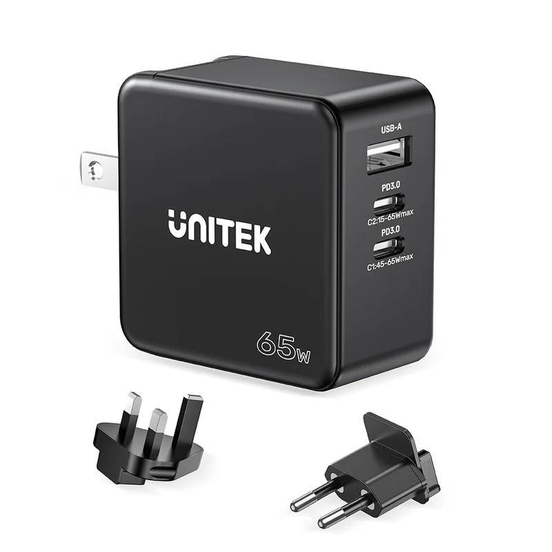 Unitek 65W GaN Wall Charger with US/UK/EU Plugs, Black