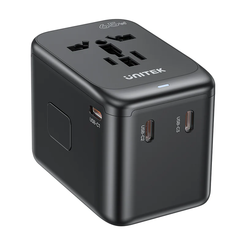 Unitek GaN 65W Universal Travel Adapter with EU/UK/US/AU Plugs, Black