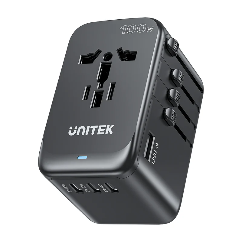 Unitek GaN 100W Universal Travel Adapter with EU/UK/US/AU Plugs, Black