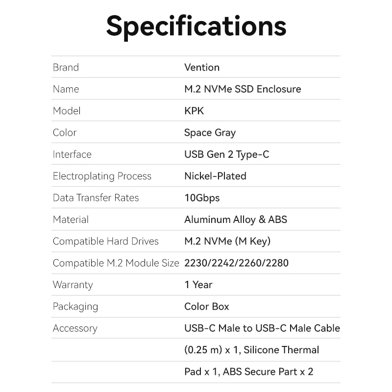 Vention M.2 NVMe SSD Enclosure (USB 3.1 Gen 2-C) with Heat Sink Gray Aluminum Alloy Type - Image 9