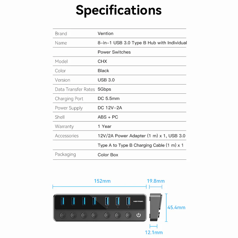Vention USB 3.0 to USB 3.0 x7 Hub with Individual Power Switches with UK Power Adapter - Image 7