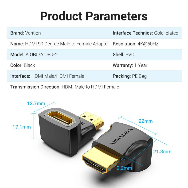 Vention HDMI 90 Degree Male to Female Adapter Black - Image 7
