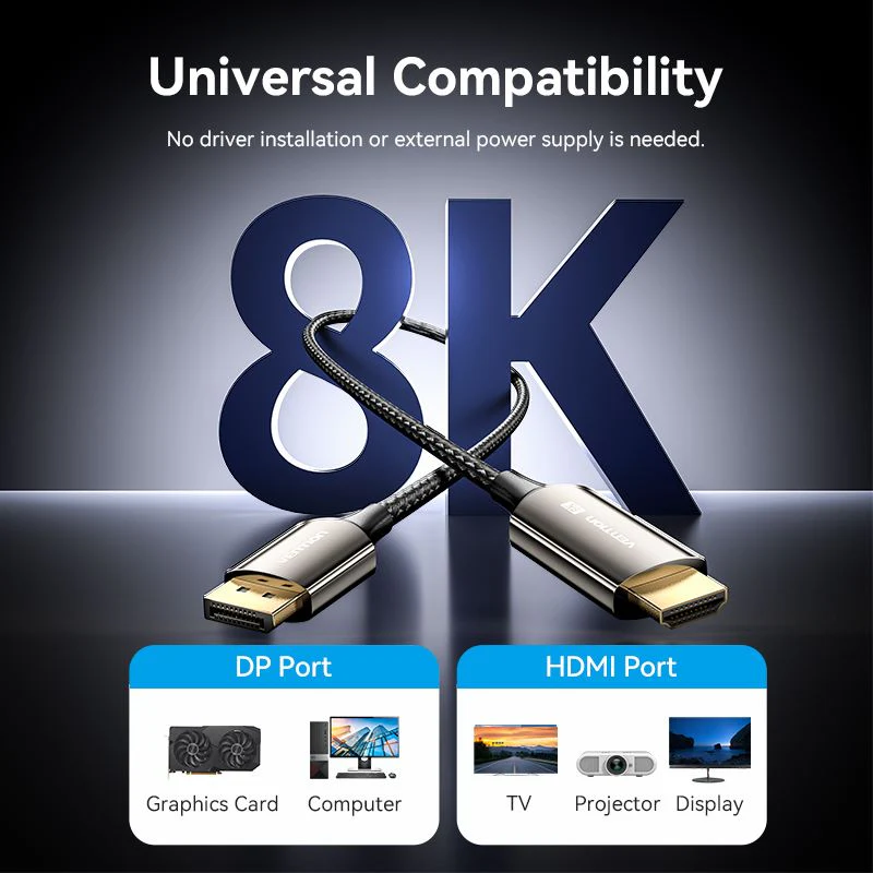 Vention Cotton Braided 8K DisplayPort Male to HDMI Male Cable 1.8M Black - Image 7