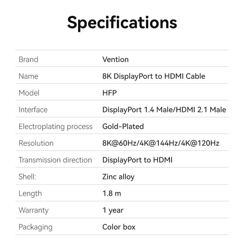 Vention Cotton Braided 8K DisplayPort Male to HDMI Male Cable 1.8M Black - Image 8