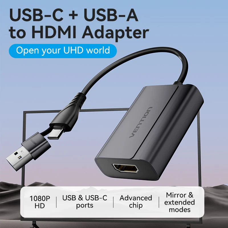 Vention USB-C + USB-A to HDMI Adapter 0.15M Gray Aluminium Alloy Type - Image 2