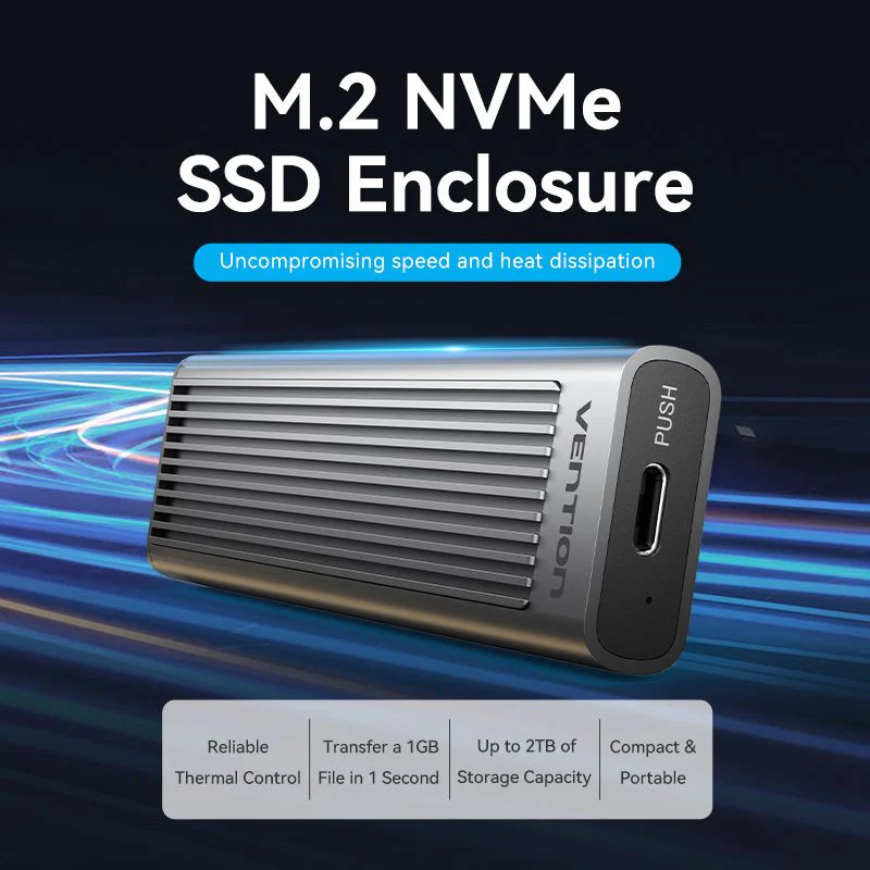 Vention M.2 NVMe SSD Enclosure (USB 3.1 Gen 2-C) with Heat Sink Gray Aluminum Alloy Type - Image 2