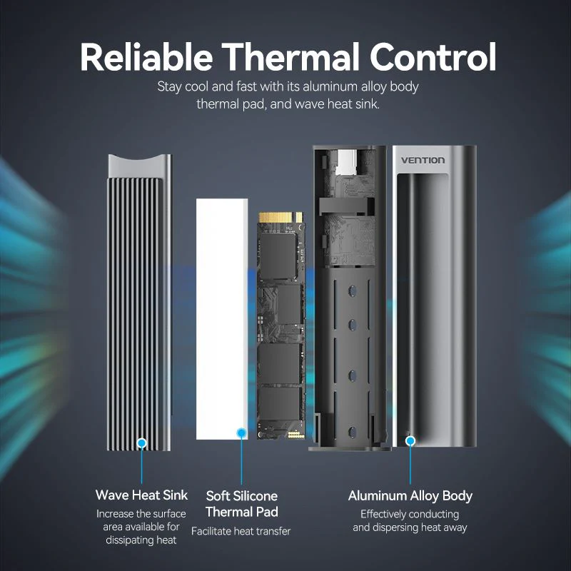 Vention M.2 NVMe SSD Enclosure (USB 3.1 Gen 2-C) with Heat Sink Gray Aluminum Alloy Type - Image 3