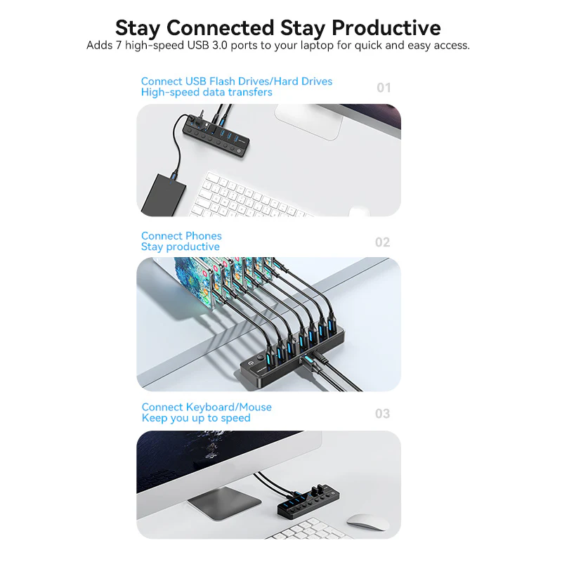 Vention USB 3.0 to USB 3.0 x7 Hub with Individual Power Switches with UK Power Adapter - Image 3