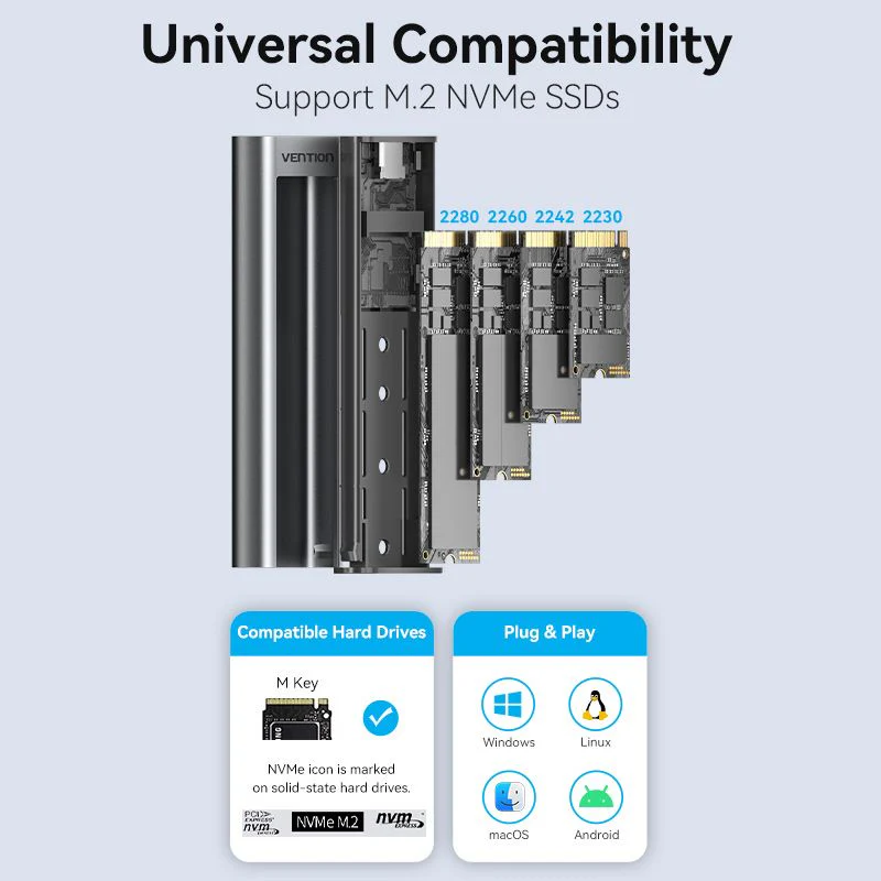 Vention M.2 NVMe SSD Enclosure (USB 3.1 Gen 2-C) with Heat Sink Gray Aluminum Alloy Type - Image 8