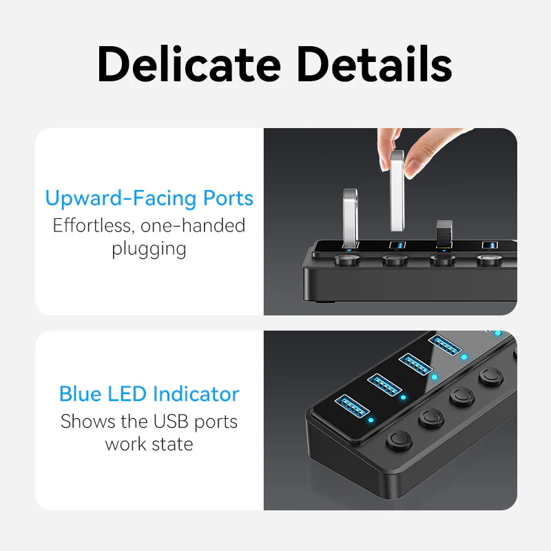 Vention USB 3.0 to USB 3.0 x7 Hub with Individual Power Switches with UK Power Adapter - Image 5