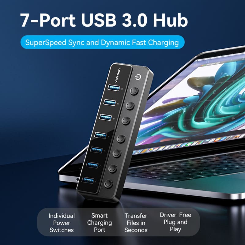 Vention USB 3.0 to USB 3.0 x7 Hub with Individual Power Switches with UK Power Adapter - Image 2
