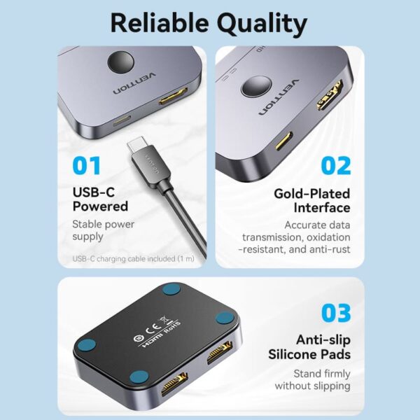 Vention 2-Port Bi-Directional 8K HDMI Switcher Gray Aluminium Alloy Type - Image 9