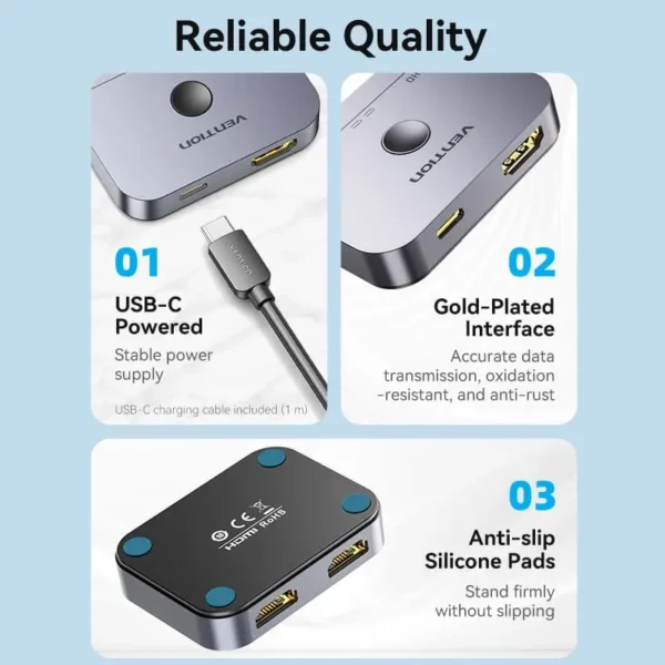 Vention 2-Port Bi-Directional 8K HDMI Switcher Gray Aluminium Alloy Type - Image 7