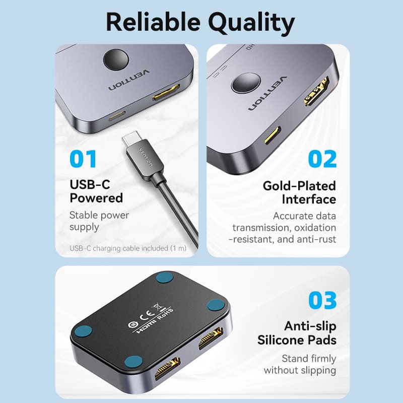 Vention 2-Port Bi-Directional 8K HDMI Switcher Gray Aluminium Alloy Type - Image 9