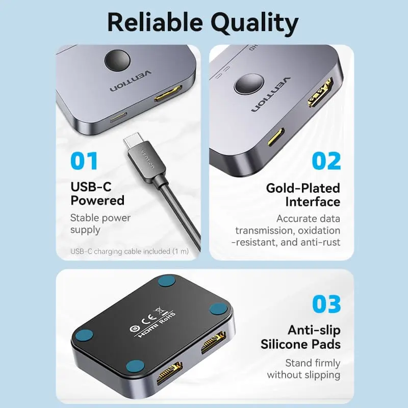 Vention 2-Port Bi-Directional 8K HDMI Switcher Gray Aluminium Alloy Type - Image 7