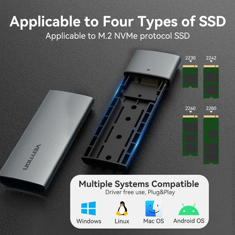 Vention USB3.1 Gen 2-C M.2 NVME SSD Enclosure 10Gbps Nickel-plated Hard Drive Aluminum Alloy Type - Image 4