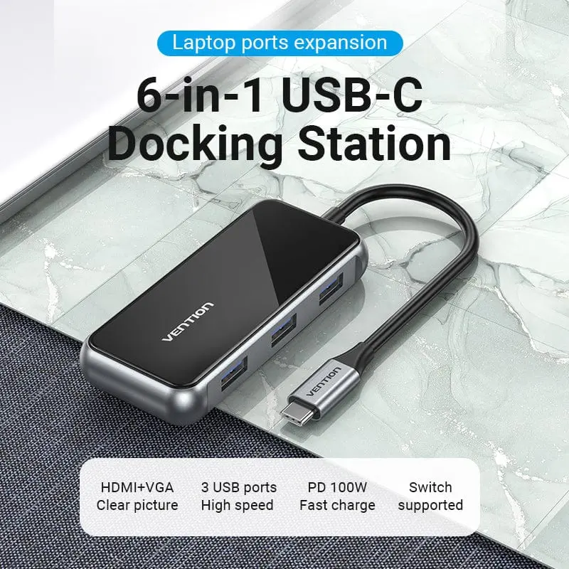 Vention USB-C to HDMI / VGA/ USB 3.0x3/PD Docking Station 0.15M Gray Mirrored Surface - Image 3