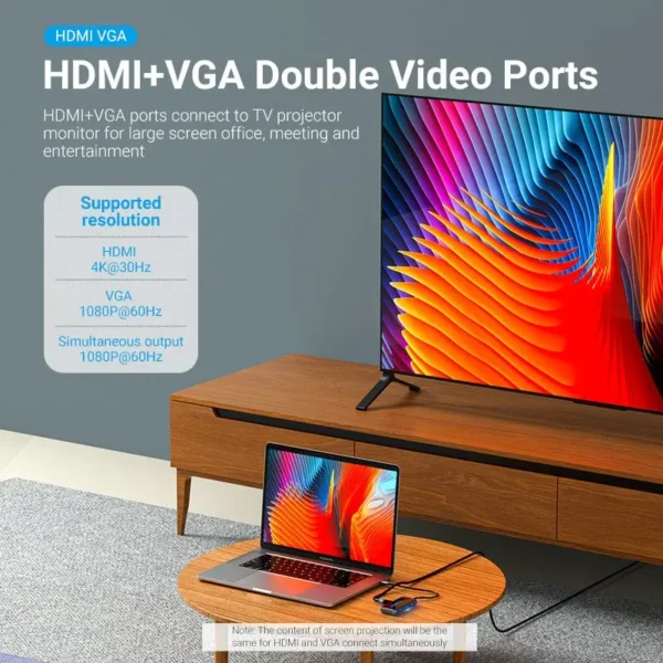 Vention USB-C to HDMI / VGA/ USB 3.0x3/PD Docking Station 0.15M Gray Mirrored Surface - Image 2