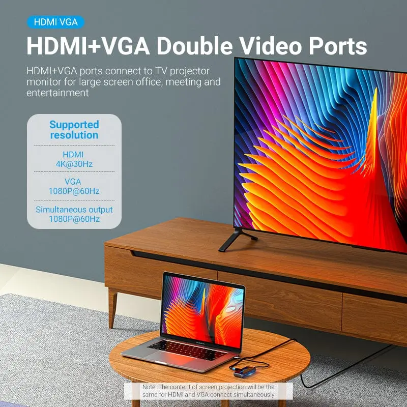 Vention USB-C to HDMI / VGA/ USB 3.0x3/PD Docking Station 0.15M Gray Mirrored Surface - Image 2
